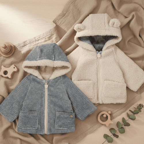 Abrigo Reversible para Bebé de Borreguito y Pana con Capucha de Orejitas