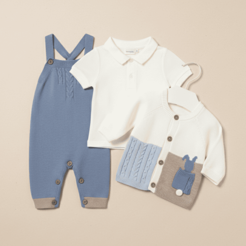 Conjunto de Bebé de 3 Piezas: Peto de Punto Tricot, Chaqueta y Camisa